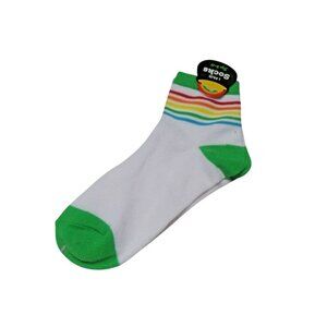 Women's White Ankle Socks With Green Accents & Rainbow Stripes